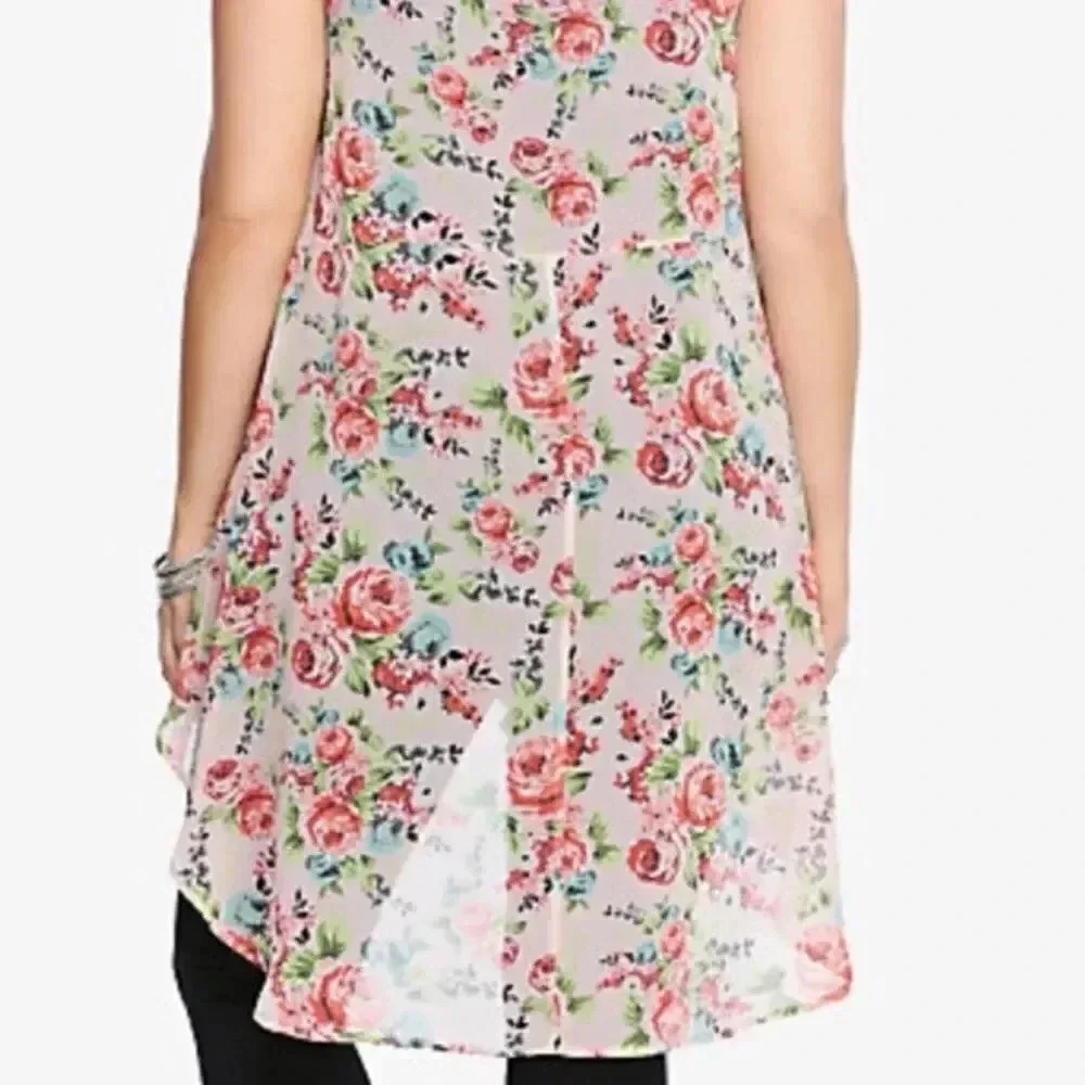 Torrid Size 1 1X 14/16 Button Down Floral Chiffon Hi Low Sleeveless Tunic Blouse - Picture 7 of 8